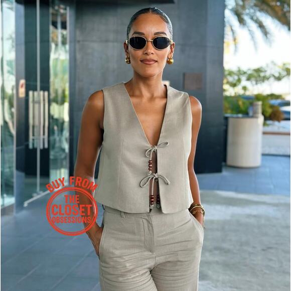 ZARA Sleeveless Linen Vest NWT | Beige Beaded Tie-Front Top Size L - Picture 3 of 16